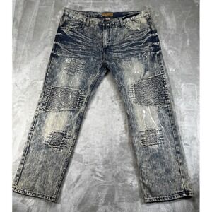 1738 Dynasty Moto Jeans Mens 44x32 Blue Acid Wash Paint Splatter Distressed
